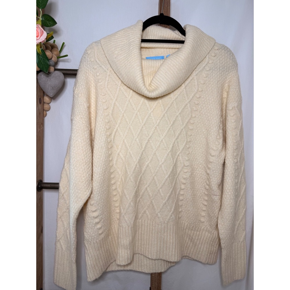 Draper James Ivory Cable Knit Cowl Neck Sweater Wool Blend Cream Womens Large - Picture 3 of 9